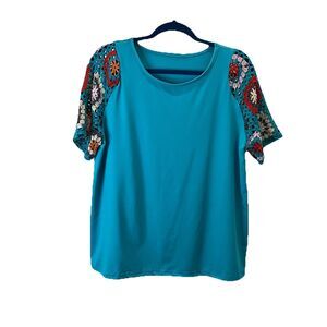 Womens Teal Blue Crochet Sleeve Boho Top Blouse Size L